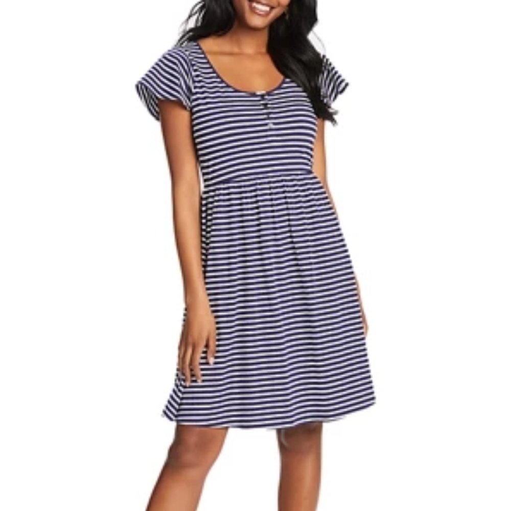 Draper James Cotton Stretch Navy & White Stripe Flutter Sleeve Henley Dress